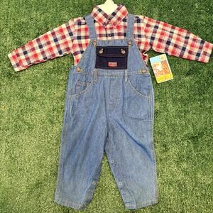 Vintage 90s Bonjour Flannel Shirt & Overalls Set Boys 24 Months Multicolor Plaid